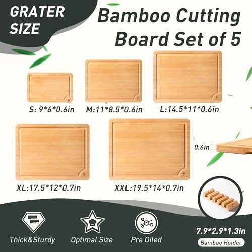 5 Packs Bamboo Cutting Board Set with Non Slip Feet Holder and Over Sink Nice Solid Thick Wood Juice Groove Chopping Board Small Big Xl XXl xlarge Oversized Kitchen Counter Organic Vegetable Meat Kit - Image 2