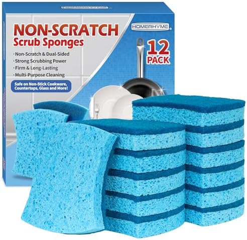 Non-Scratch Cellulose Scrub Sponges 12 Pack, Sponges Kitchen with Double-Side & Ergonomic Design for Dishes, Coated Cookware, Sink & Countertops. by HOMERHYME
