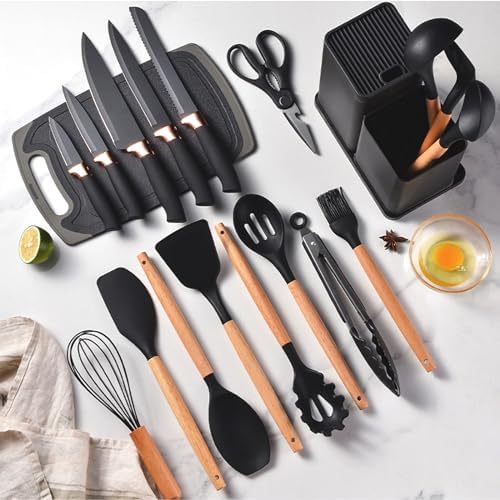Cooking Utensils Set,19 Kitchen Set Utensils Set with 11 Pieces Spatula Cooking Utensils,Heat Resistant Silicone Utensils 6 Piece Sharp Knife Set 2 Pieces Utensil Cutting Board (Black 19 PCS Set) - Image 3