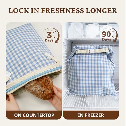 BRONYPRO Reusable Beeswax and Linen Bread Bags with Zipper, 2-Pack Waxed Bread Bags for Homemade Bread & Sourdough, Sustainable Loaf Storage to Lock in Freshness, Large 17x12.6in, Blue Gingham - Image 5