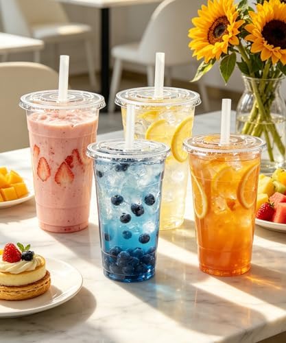 Ginkgo 32 oz Clear Plastic To Go Cups with Lids and Straws - Image 6