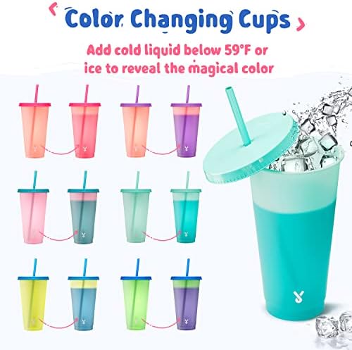 Meoky Plastic Cute Cold Cups with Lids and Straws Bulk for Iced Coffee - 6 Pack 24 oz Color Changing Reusable for Adults Kid Women Party - Image 2