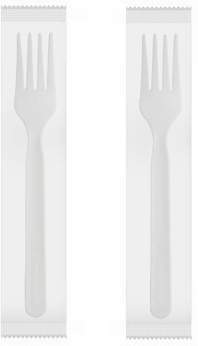 GreenWorks 750 Count 6" Compostable Forks With Compostable Wrapper, BIP Certified Individually Wrapped Disposable Fork