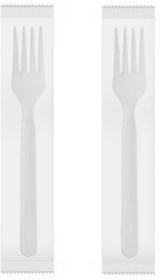 GreenWorks 750 Count 6" Compostable Forks With Compostable Wrapper, BIP Certified Individually Wrapped Disposable Fork