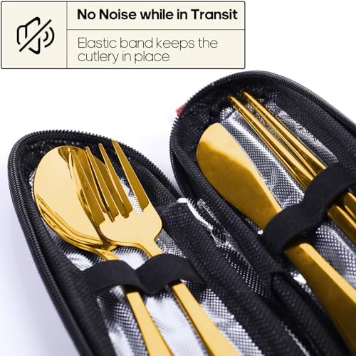 Travel Utensils with Case, Quatish Portable Silverware Set for Work, Stainless Steel Reusable Travel Cutlery, Fork and Spoon Set for Camping, Picnic, Gadgets, Lunch Box for Men, Christmas Gift, Gold - Image 3