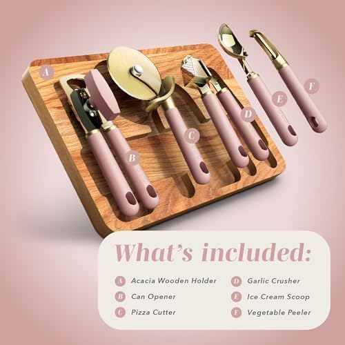 COOK WITH COLOR 6-Piece Kitchen Tool Set with Acacia Wood Cutting Board, Can Opener, Pizza Cutter, Garlic Press, Scoop & Peeler, Pink - Image 2