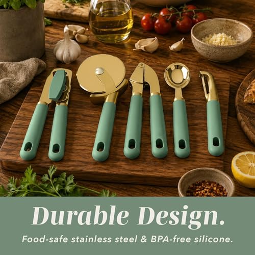 COOK WITH COLOR 6-Piece Kitchen Tool Set with Acacia Wood Cutting Board, Can Opener, Pizza Cutter, Garlic Press, Scoop & Peeler, Sage - Image 5