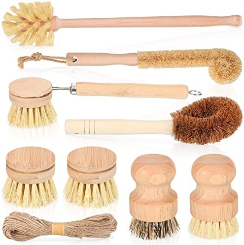 8 Pcs Bamboo Dish Brush Dish Washing Scrub Bottle Brush Wooden Palm Pot Brush Cleaning Scrubbers with Natural Sisal Bristles Long Handle for Pots Pans, Bottle, Sink, Vegetables, Household Cleaning by Nuenen