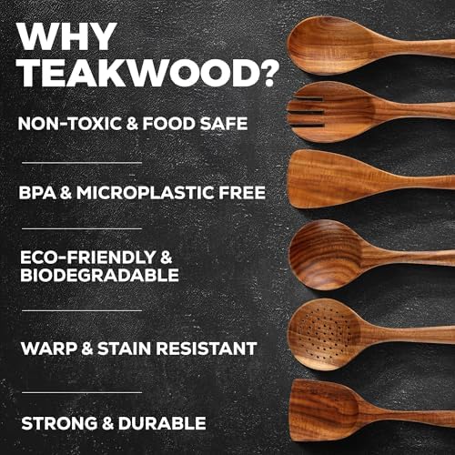 Zulay Kitchen 6 Piece Wooden Spoons for Cooking – Natural Teak Wooden Utensil Set, Easy to Clean, Durable, Smooth with Comfort Grip - Non Toxic Wooden Cooking Utensil Sets - Image 4