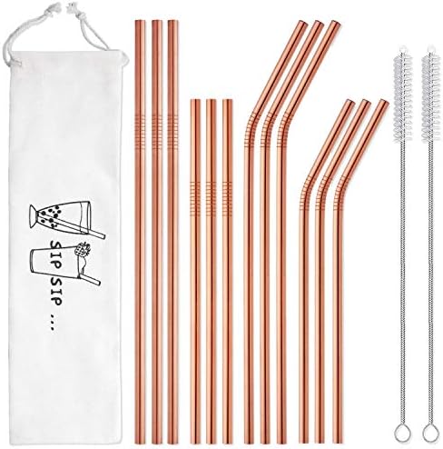 Hiware 12-Pack Rose Gold Metal Straws Reusable with Case - Stainless Steel Drinking Straws for 30oz and 20oz Tumblers Dishwasher Safe, 2 Brushes Included by HIWARE