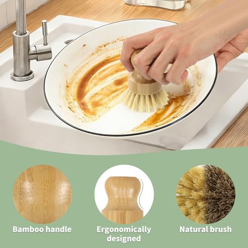 DEBETOOL 6 Pack Bamboo Dish Brush Set with Palm and Sisal Bristles - Image 4