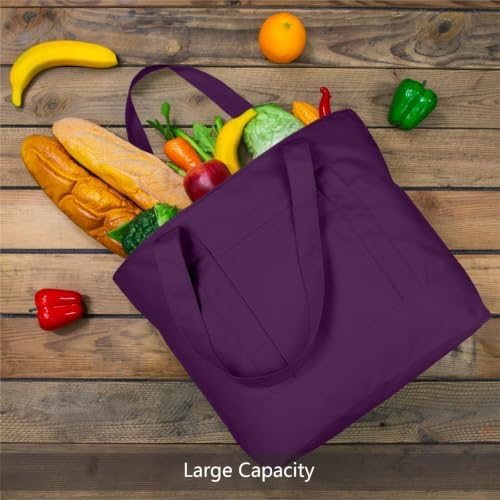TOPDesign 6-Pack Canvas Tote Bags with an External Pocket, Reusable Grocery Shopping Bags, Top Zipper Closure, Daily Essentials (Purple) - Image 3