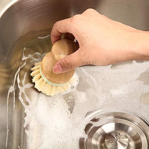 4 Pieces Bamboo Dish Scrub Brush with Holders Wooden Bamboo Round Scrubbers Stiff Bristles Pot Brushes for Wash Dishes, Pots, Pans, Kitchen Iron Pot Pan Sink(Classic Style,Green) - Image 5