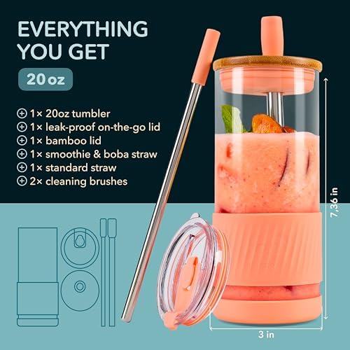 Pandaloo® Glass Cups With Lids and Straws -20 Fl Oz- Perfect Size Iced Coffee Cup - Smoothie Cup With Bamboo Lid and On the go Lid (Peach Fuzz, 1 Count (Pack of 1) - Image 2