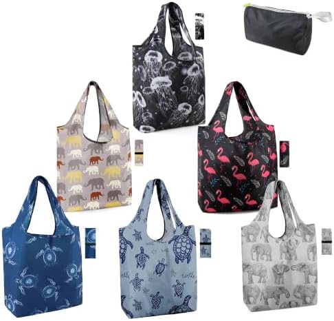 BeeGreen Turtle Reusable Grocery Bags Frog Elephant Flamingo Jellyfish Shopping Bags Bulk 50LBS X-Large Heavy Duty 6 Pieces by BeeGreen