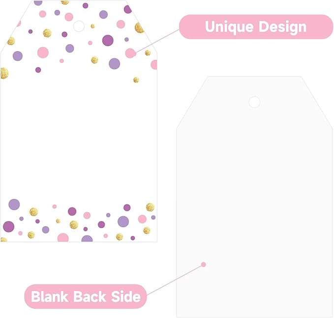 Anwyll Gift Tags with String - 100Pcs Purple Gold Confetti Polka Dot Gift Bag Tags Personalized White Blank Hanging Paper Label Tag for Birthday Party Bridal Shower Wedding Mothers Day Favors Present