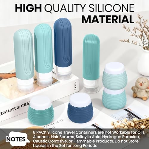Travel Bottles for Toiletries 8 Pack, TSA Approved Travel Size Toiletries Containers Set, 4 Silicone Leak Proof Refillable Bottles and 4 Creams Jars Accessories Kit W/Clear Bag (GREEN) - Image 2