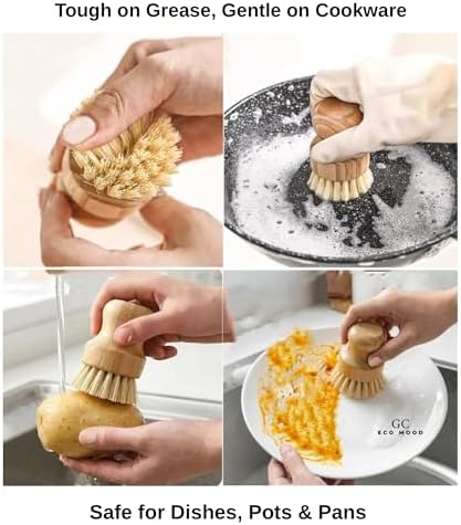 Bamboo Dish Brush 2-Pack – Natural Sisal Bristles, Eco-Friendly Kitchen Cleaning Brush, Wooden Scrubber for Dishes, Pots & Pans - Image 3