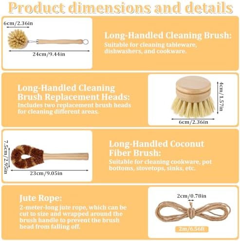 9 Pcs Bamboo Dish Brush Set Wooden Dish Brush with Sisal and Palm Fiber Natural Wooden Kitchen Brushs Practical Dishs Cleaning Brushs Sets for Pots Pans Bottle Sink Vegetables Household Cleaning - Image 3
