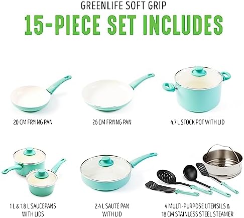GreenLife Soft Grip Healthy Ceramic Nonstick, 15 Piece Cookware Pots and Pans Set, Induction, PFAS-Free, Dishwasher Safe, Turquoise - Image 3