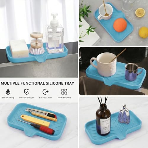 MicoYang Silicone Soap Dish with Drain Spout — Self-Draining Sink Organizer Tray for Bathroom & Kitchen, Sponges, Dispensers & Soap Holder, Non-Slip & Dishwasher Safe, Light Blue (Medium, 9.6"×5.3") - Image 4