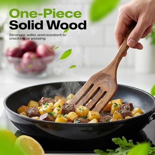 AIUHI 2Pcs Wooden Spatulas, Teak Wood Long Handle Flat Frying Turner, Nonstick Cooking Utensils Spatula for Kitchen - Image 6