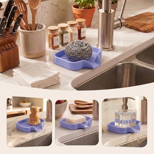MicoYang Silicone Soap Dish with Drain Spout, Self-Draining Sink Organizer Tray for Bathroom & Kitchen, Sponges, Dispensers & Soap Holder, Non-Slip & Dishwasher Safe, Light Purple (Compact, 4.9"×3.2") - Image 3