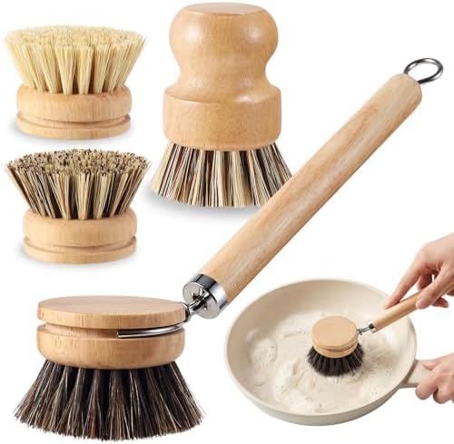 5 Pcs Bamboo Wood Dish Brush Set Includes 1 Wooden Handle with 3 Natural Replaceable Bristle Heads and 1 Handheld Bamboo Wok Brush Scrubber for Dishes Pans Pots Fruit and Veggie Washing(Style A) by ZJoey