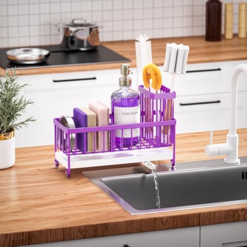 Cisily Sponge Holder for Kitchen Sink, Sink Caddy Organizer with High Brush Holder, Kitchen Countertop Organizers and Storage Essentials (Purple, 9.25″) - Image 2