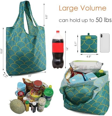 BeeGreen Reusable Grocery Bags Geometry Design - Pack of 6 Foldable Totes for Women with Pouch,X-Large 50lbs Capacity Machine Washable Polyester Sturdy Shopping Bags for Women Travel Shopping - Image 3