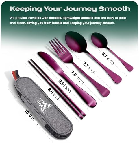 Taplord Portable Travel Silverware Set With Case, Includes 5 Pcs of Travel Utensils With Case, Stainless Steel Flatware Set For Camping, Easy to Travel, Lightweight (Purple), Medium, TL-05P - Image 2