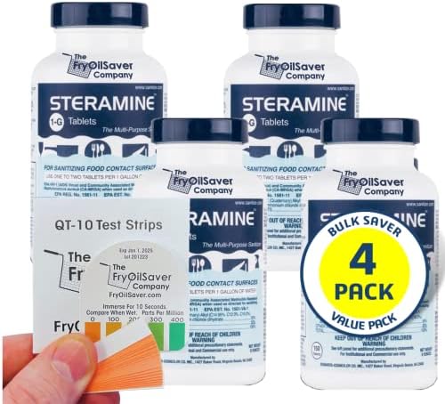 4 Bottles Steramine Sanitizer Tablets - 15x QT-10 Test Strip - Multi Purpose Sanitizing Tablets for Food Contact Surface, Kitchen, Restaurant Cleaning & Commercial Use by FryOilSaver (600 Count) by THEFRYOILSAVERCOMPANY