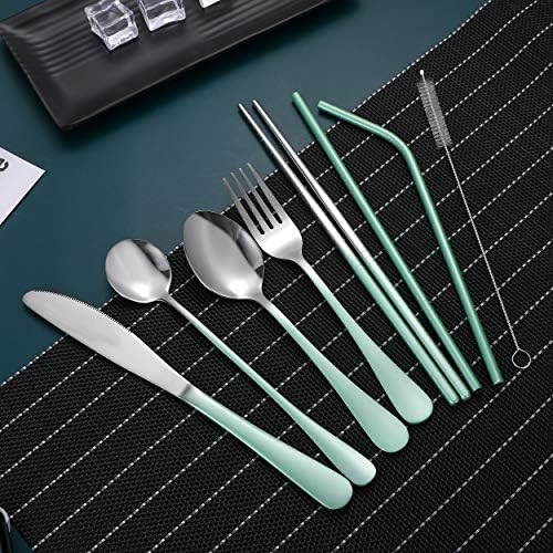 Travel Utensils,Reusable Silverware Set To Go Portable Cutlery Set with a Waterproof Carrying Case for Lunch Boxes Workplace Camping Picnic (GraGreen) - Image 4