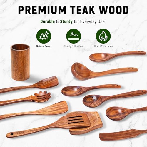 12 Pcs Teak Wooden Utensils Set, Wooden Spoons for Cooking - Image 5
