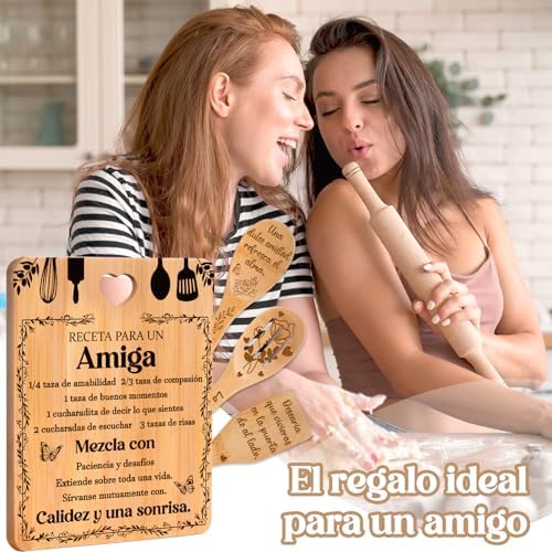 Regalos de cumpleaños para Amiga - "Receta para una Amiga especial". Juego de tablas de cortar y utensilios de bambú grabados. Regalos de cumpleaños para Amiga. Spanish Friend Cutting Board - Image 3