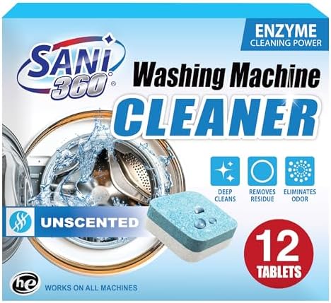 SANI 360° Washing Machine Cleaning tablets, 12 pack is Formulated with Enzyme, Deep Cleans and Deodorizes Front and Top Loading Washers use up to 1-year supply Unscented by SANI360%C2%B0