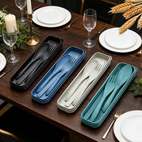 Reusable Travel Utensils Set with Case, 4 Pack Wheat Straw Portable Cutlery - Image 4