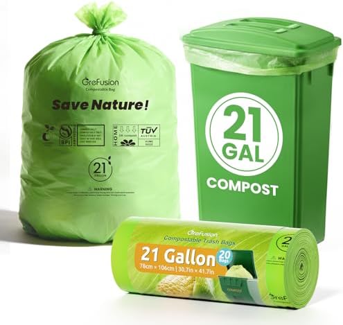 GreFusion Compostable Trash Bags 21 gallon,20 Count,Extra Thick 1.28 Mills,Fits13-25 gallon trash can, Extra Strong and thick,Compostable Lawn & Leaf Yard Waste bags,ASTM D6400,Bpi Certified by GreFusion