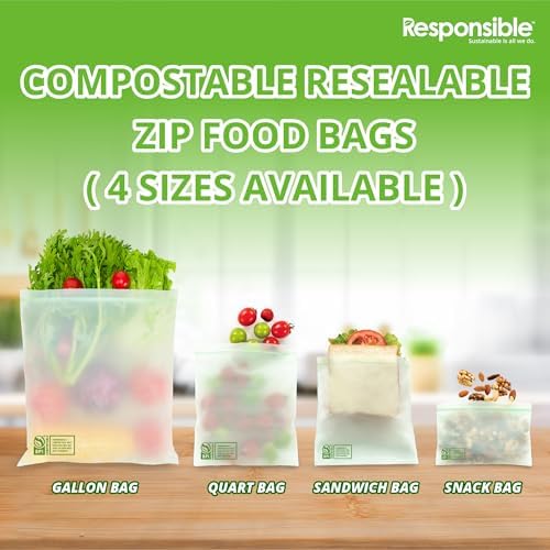 Responsible Products Certified Compostable QUART Resealable Zip Bag, Extra Strength Food Bags, Plant-Based Freezer-Safe (26 Pack) - Image 4