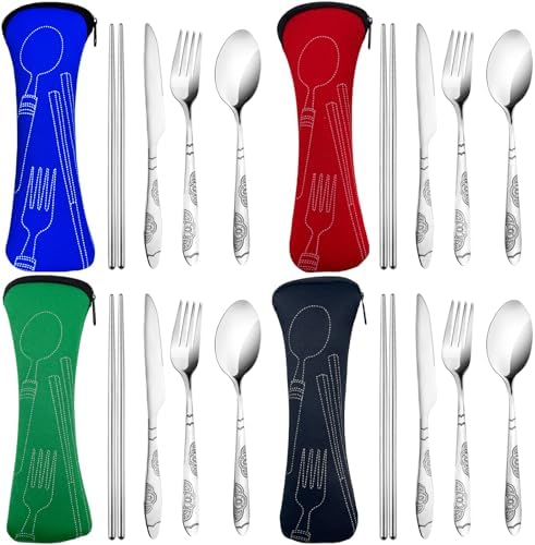 20PCS Premium Travel Utensils With Case, Stainless Steel Reusable Portable Utensils Set With Case, Lengnoyp Travel Silverware Set With Case for Lunch Box Camping, Silver - Image 2