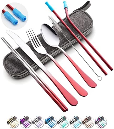 Travel Utensils Set with Case Reusable Portable Cutlery Set Stainless Steel 8pcs Including Dinner Knife Fork Spoon Chopsticks straws (Gradient Red) by OASMU