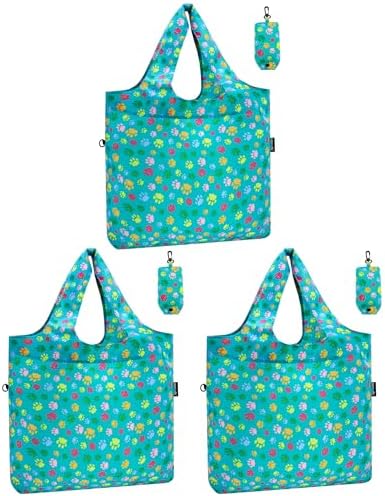 HOLYLUCK Reusable Grocery Bags,Heavy Duty Foldable Shopping Tote Bag (Standard, 3 Green Dog Paw Prints) by holyluck