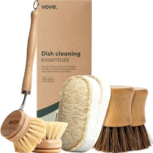 Vove Bamboo Kitchen Cleaning Set, Dish Brush, 2 Scrub Brushes, 2 Sponges by Vove