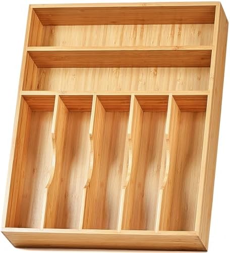 Umilife Kitchen Drawer Organizer, 12.5 Inch Silverware Utensil Tray Holder, Extra Deep, with Non-Slip Feet & Grooved Drawer Divider, 7 Slots Total Bamboo Wood Caddy for Flatware Cutlery Knives by Umilife