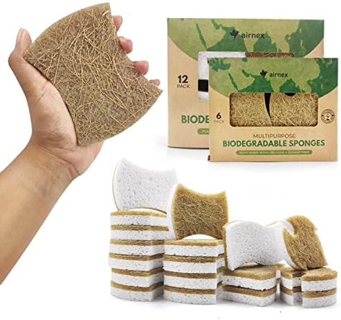 AIRNEX 18 Pack Biodegradable Natural Kitchen Sponge - Compostable Cellulose and Coconut Walnut Scrubber Sponge - Eco Friendly Sponges for Dishes by Airnex