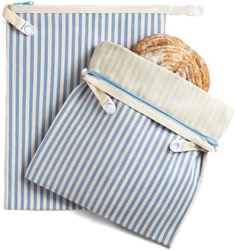 BRONYPRO Reusable Beeswax and Cotton Bread Bags with Zipper, 2-Pack Waxed Bread Bags for Homemade Bread & Sourdough, Sustainable Sourdough Loaf Storage to Lock in Freshness, Large 17x12.6in, Blue by Bronypro