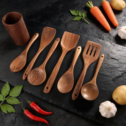 Wooden Spoons for Cooking - 8-Piece Wooden Kitchen Utensil Set made of Natural Solid Wood Material-Includes Spoons,Spatulas,Ladles,Mixing Spoon and Utensil Holder,Holiday Gifts(A08) - Image 2