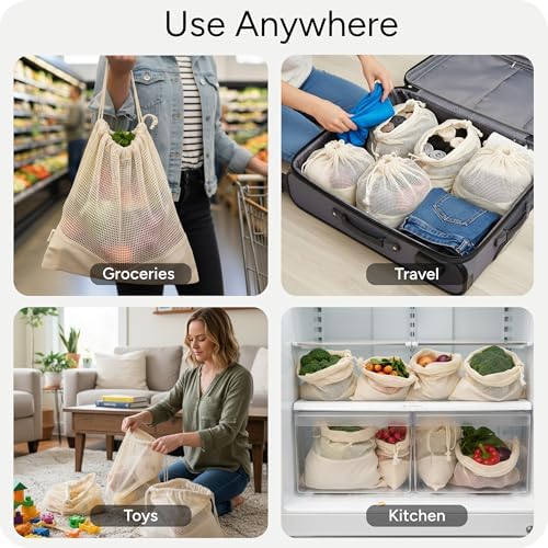LEAFICO Reusable Produce Bags – 100% Cotton Mesh & Solid Hybrid (Mixed Sizes 8 Pcs – S/M/L/XL) – Multi-Use Grocery & Storage Bags for Fruit, Vegetables, Toys, Clothes, Travel – Washable, Zero Waste - Image 5