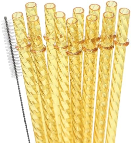 Dakoufish 12 Inch Reusable Clear Plastic Swirl Drinking Straws for 30 oz & 40 oz Jars/Tumblers,Set of 12 Pcs Replacement Crystal Yellow Straws with Cleaning Brush (12inch,Yellow) by Dakoufish