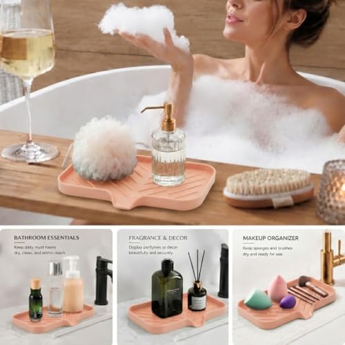 MicoYang Silicone Soap Dish with Drain Spout — Self-Draining Sink Organizer Tray for Bathroom & Kitchen, Sponges, Dispensers & Soap Holder, Non-Slip & Dishwasher Safe, Pink (Medium, 9.6"×5.3") - Image 3